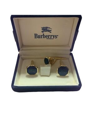 Burberry authentic cufflinks necktie pin blue gold plated octagon
